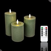 Meisterhome – 3 x Led Stompkaars - Groen – Stompkaars Echte wax - Led kaarsen - 10 / 12.5 / 15 cm Hoog - Met afstandsbediening – Timer 2/4/6/8 uur – Dimbaar