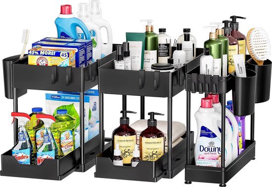 Wastafel Rek 3 stuks uitschuifbaar rek onder wastafel, 2 etages, staand rek, keuken ...