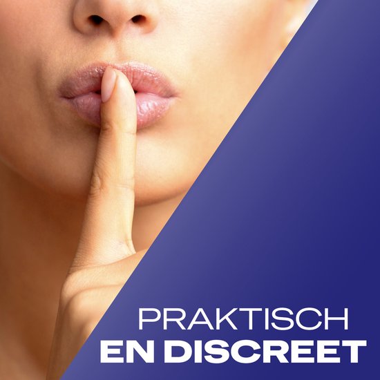 Een vrouw met een vinger op de lippen, met de tekst PRAKTISCH EN DISCREET.