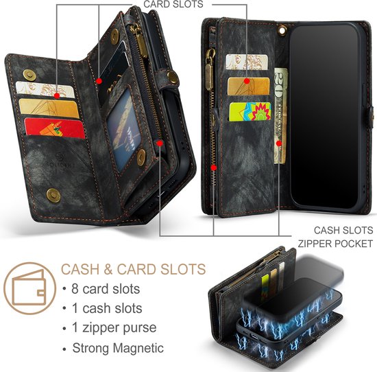 Zwart portemonneehoesje met telefoonhoes, pasjesvakken, "CARD SLOTS", "CASH SLOTS ZIPPER POCKET", "8 card slots", "1 cash slots", "1 zipper purse", "Strong Magnetic".