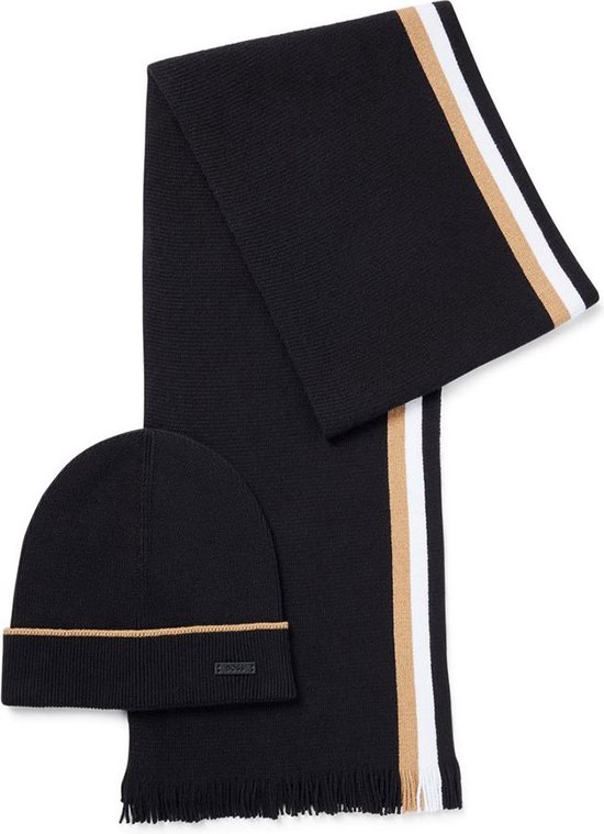HUGO BOSS muts en sjaal katoenmengsel - heren muts met omslag en gebreide sjaal - zwart - Maat: One size
