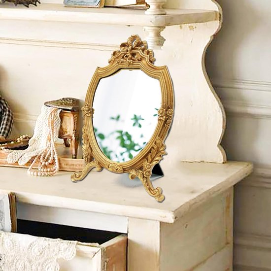 Miroir mural décoratif avec cadre en résine dorée antique, miroir de maquillage, miroirs de table, pour chambre à coucher, salon, commode, décoration 20 W x 13 L pouces