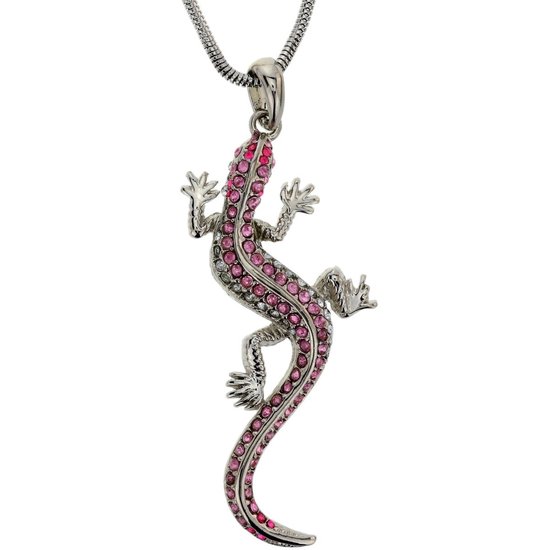 Behave Ketting zilver kleur met salamander met roze steentjes