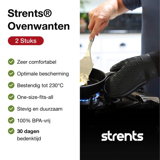 Strents® Ovenwanten - Ovenhandschoenen - Hittebestendig tot 230 °C - Siliconen - Zwart - Koken - Keukenaccessoires - 2 Stuks - Strents®