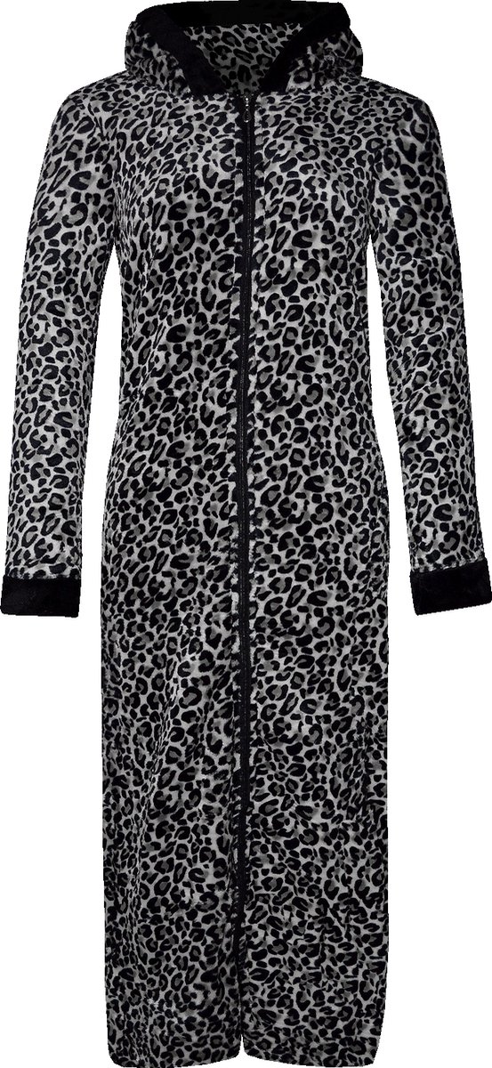 Dames badjas fleece benyson met capuchon en rits panterprint zwart 2xXL 3XL valt als XL 2XL