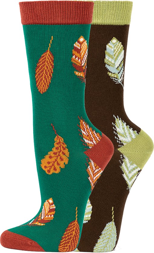 Veraluna sokken set - Biologisch katoen - maat 39-42 - bruin en groen met blaadjes