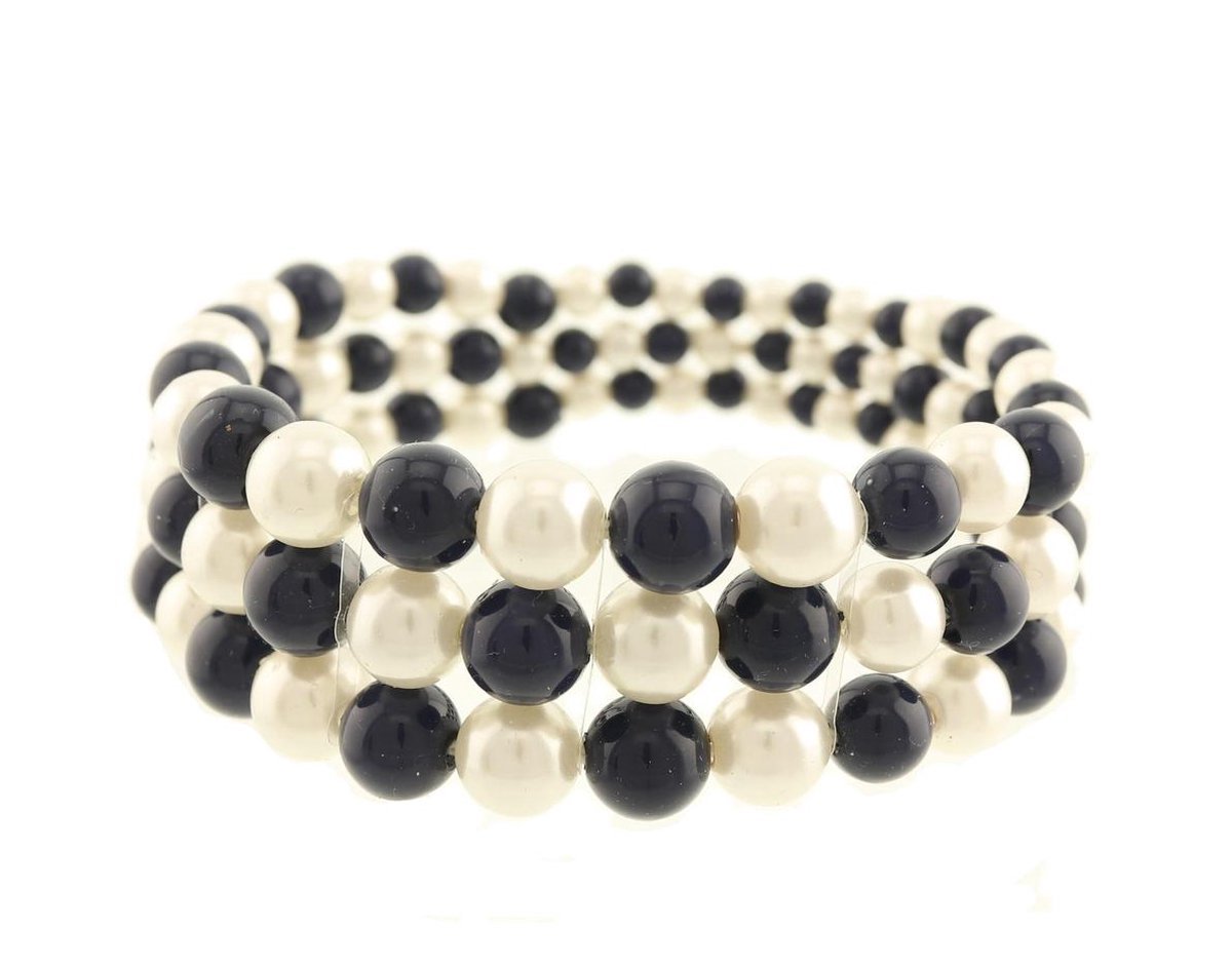 Behave Elastisch parel armband dames - donker blauw / wit