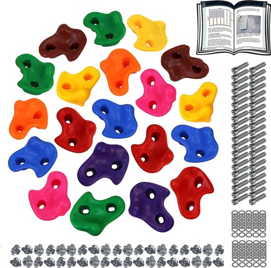 Set van 20 kleurrijke klimstenen in diverse vormen en kleuren, inclusief bevestigingsmateriaal.