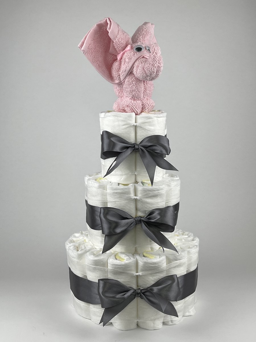 Chouette-Chouette | Luiertaart Meisje | Kraamcadeau | Geboorte Meisje | Babyshower | Olifant Roze - donker Grijs