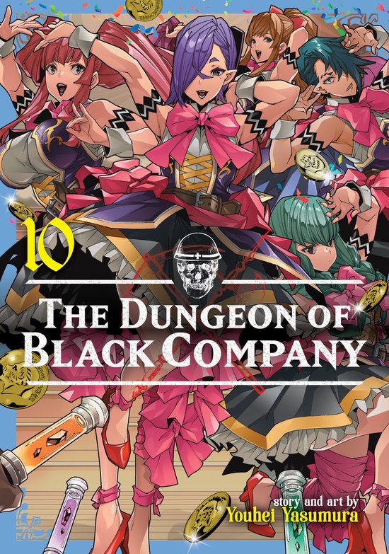 Manga met de titel 'The Dungeon of Black Company' met 8 anime-meisjes in roze en paarse outfits, omringd door confetti en gouden munten.