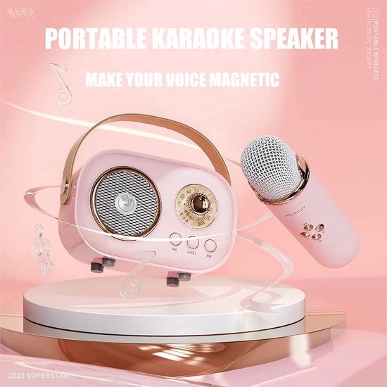 Mini Karaoke Machine met Microfoon Set - C20Plus- kerst cadeau - Gift set - 110x60x75 mm- mic 40x40x123 mm- met cadeau doos- Roze kleur