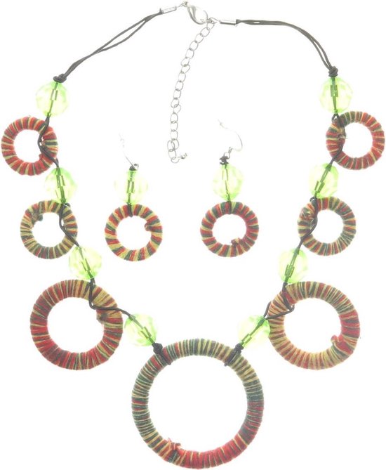 Behave Set ketting en oorbellen met rondjes groen rood geel - 40 cm