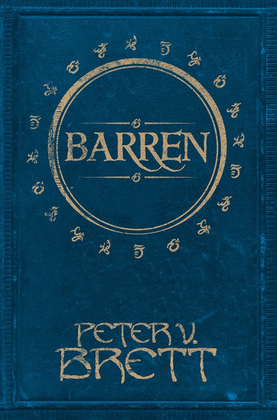Een blauw boek met een gouden cirkel en runen rondom de titel 'BARREN'. De naam 'PETER V. BRETT' staat onderaan.