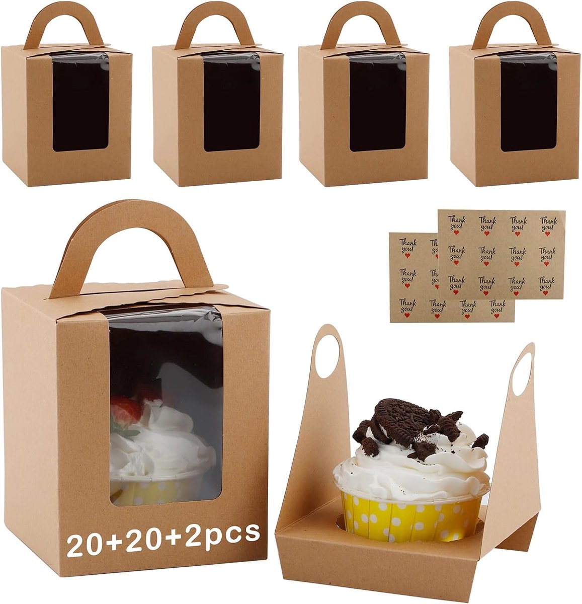 20 stuks Enkele Cupcake Dozen Cupcake-Geschenkdozen met Venster met 2 stuks Bedankt sticker voor cupcakes, koekjes, desserts (9,5x9,5x11cm)