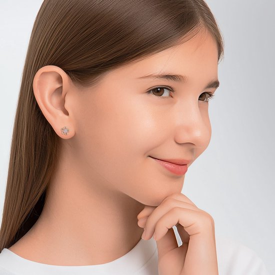 Boucles d'oreilles enfant en argent fleur avec zircone rose