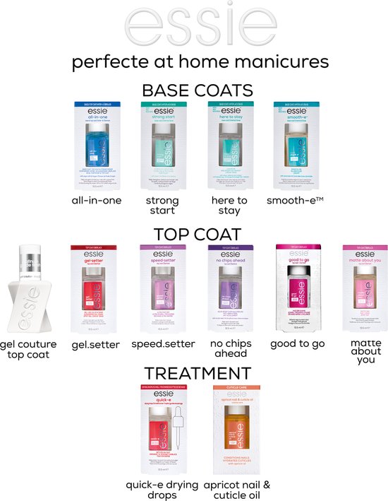 Assortiment Essie nagelproducten, waaronder base coats, top coats en behandelingen.