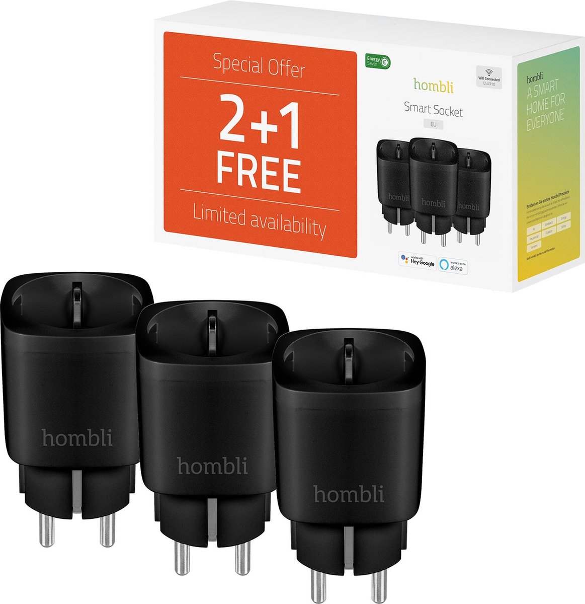 Hombli Slimme Stekker - Smart Plug met App Bediening - Stopcontact - Tijdschakelaar voor binnen - Energiemeter - Compitabel met Amazon Alexa en Google Home - 3 stuks - Zwart