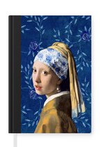 Notitieboek - Schrijfboek - Meisje met de parel - Delfts blauw - Vermeer - Bloemen - Schilderij - Oude meesters - Notitieboekje klein - A5 formaat - Schrijfblok