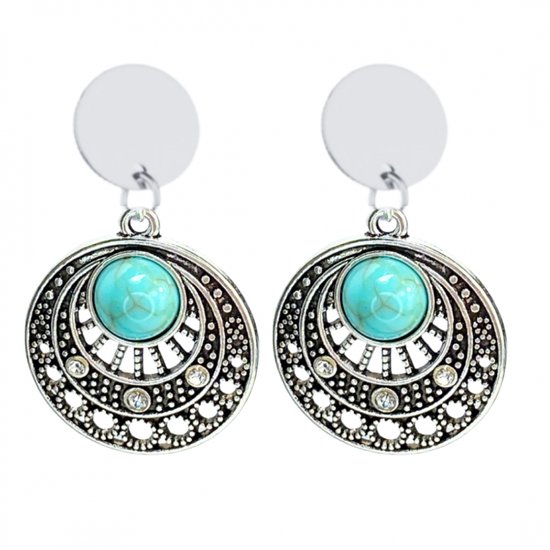 Clip oorbellen -turquoise -zilverkleur -Tibetaans- Geen gaatje- Charme Bijoux