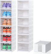 Shoe Boxes Pack of 6 Stackable Shoe Storage Transparent Hard Plastic White Shoe Box Shoe Organiser with Lid up to Size 44, Easy Installation