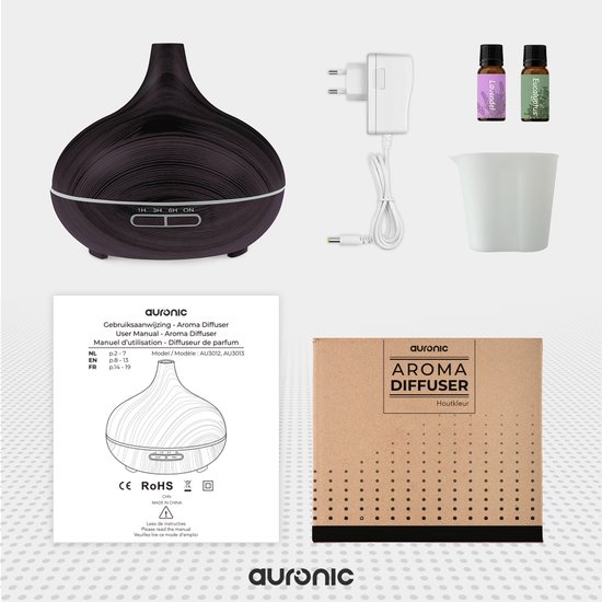 Auronic Aroma Diffuser - 300 ml - Luchtbevochtiger - 7 LED Kleuren - Incl. 2x Olie - Donkerbruin - Auronic
