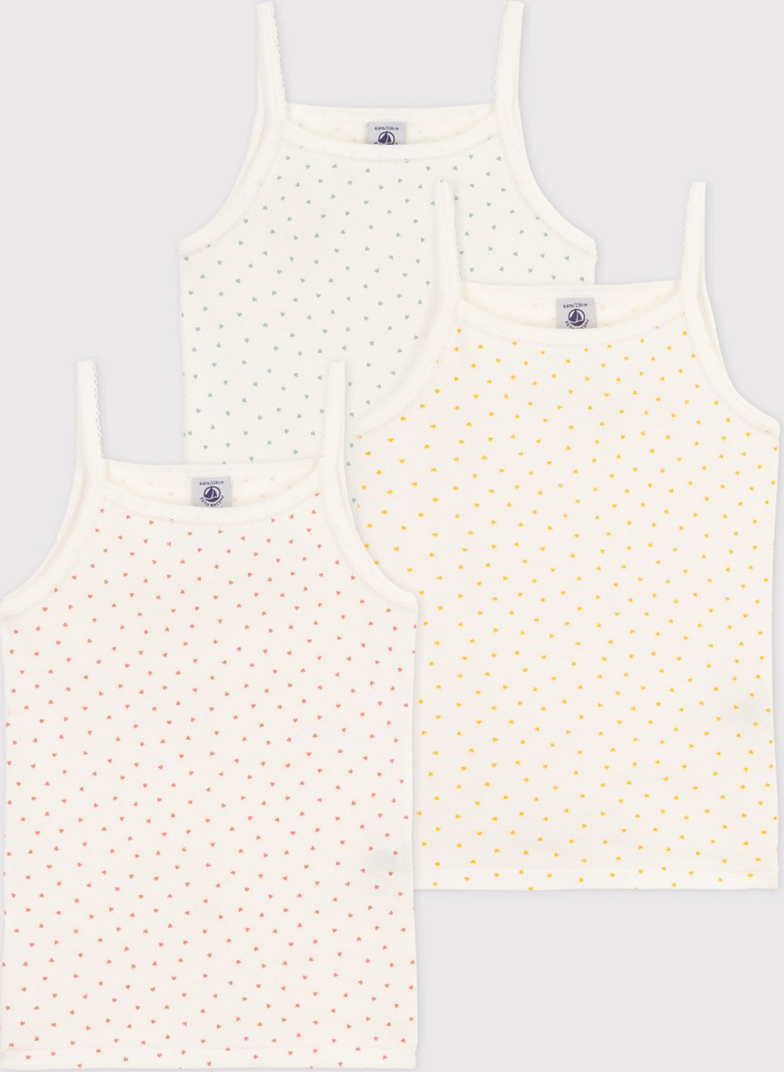 Petit Bateau Set van 3 meisjeshemdjes met bandjes en hartjes in katoen Meisjes Onderhemd - Meerkleurig - Maat 128 - Petit Bateau