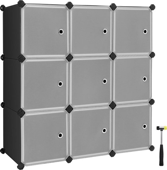 9-Cube opbergorganisator, kunststof kast met deuren, modulaire kast voor kleding, schoenen, speelgoed, boeken, eenvoudig te monteren, zwart LPC116HS