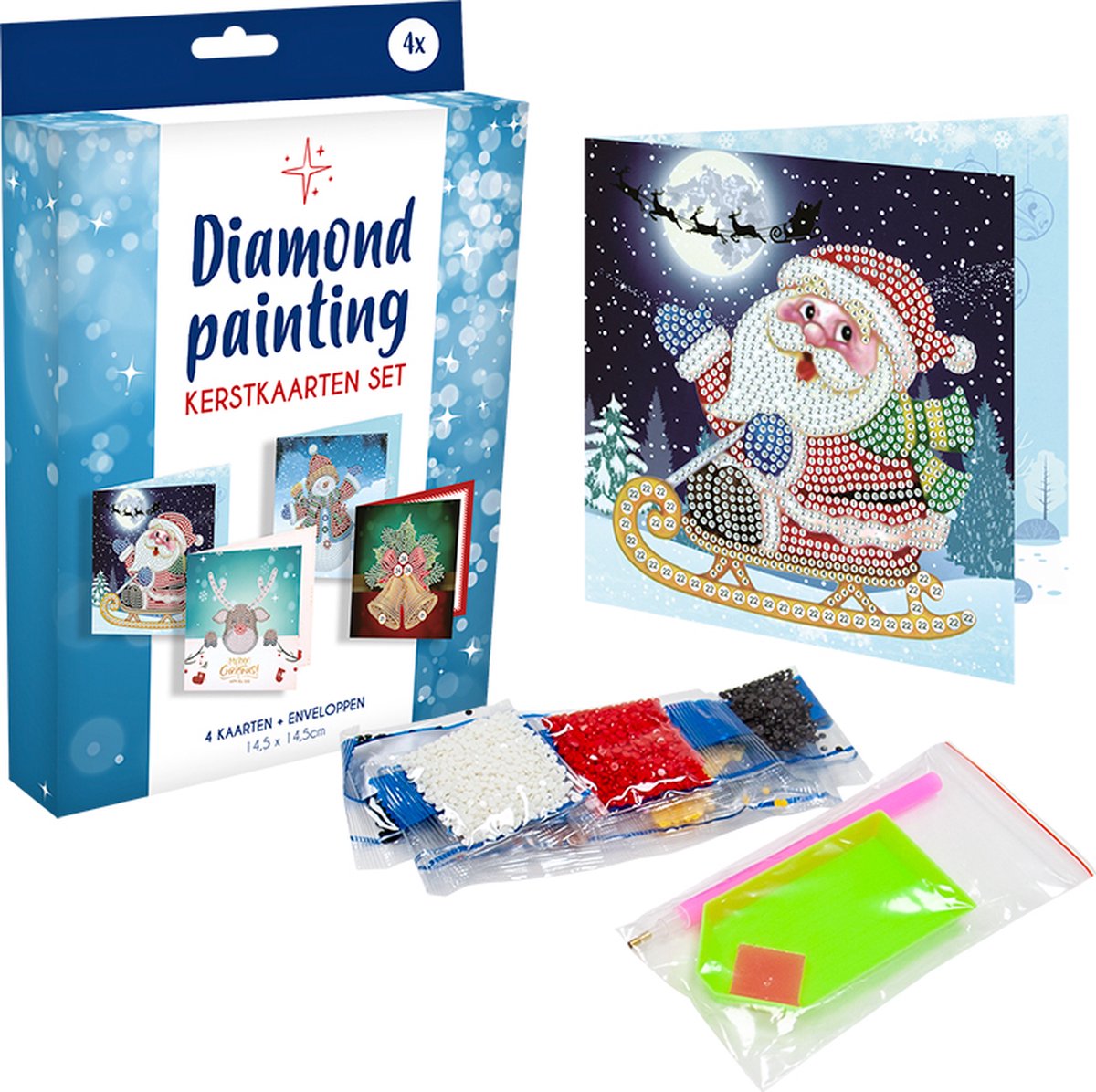 Kerstkaarten - Diamond Painting - 14.5 x 14.5 - 4 Kaarten + Enveloppen - Kerstkaartenset