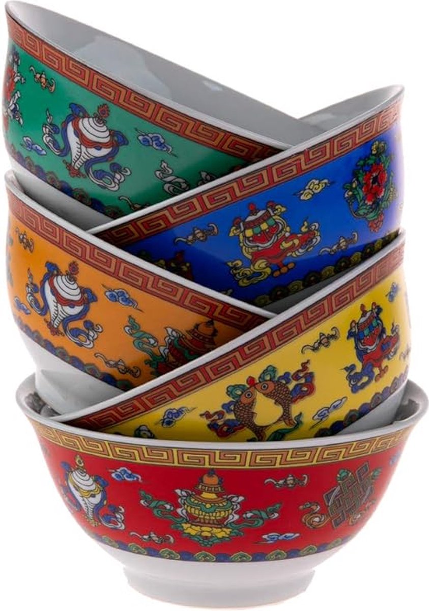 5 Aziatische schalen in boeddhistische motiefschalen van porselein, Aziatische cultuur en traditie: 11,5 cm diameter en 5,5 cm hoogte per kom