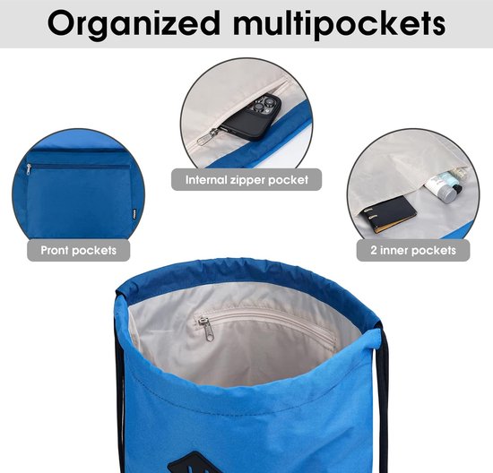 1 stuks rugzak met trekkoord, gymtas, sporttas voor heren en dames, tas met ritssluiting aan de buitenkant, waterdicht, verstelbaar, gymtas met binnenzak voor sport, reizen, school, strand, zwart, L
