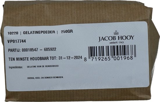 Bruine papieren verpakking met label: Jacob Hooy gelatinepoeder 250gr, ten minste houdbaar tot 31-12-2024, ingrediënten: gelatine van runderhuid.