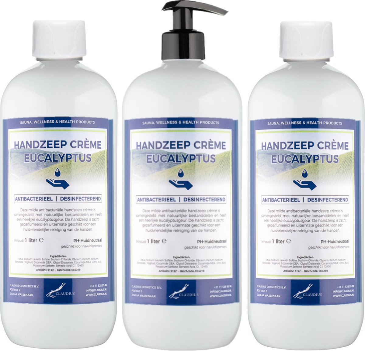 Goedkoopste Handzeep Crème Eucalyptus 1 liter - met gratis pomp - set van 3 stuks