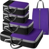 Koffer-organizer, set van 6 paktassen met compressie, opbergkubussen voor rugzak en koffer, kofferorganizer, reistas, kledingtassen voor kleding, schoenen, ondergoed, paars en zwart