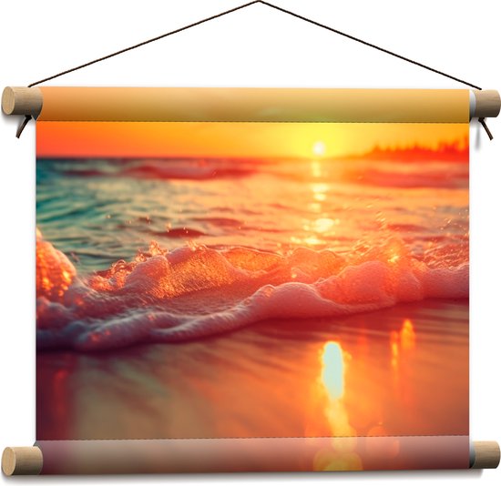 Textielposter - Zee - Water - Schuim - Zand - Zon - Zonsondergang - Kleuren - 40x30 cm Foto op Textiel