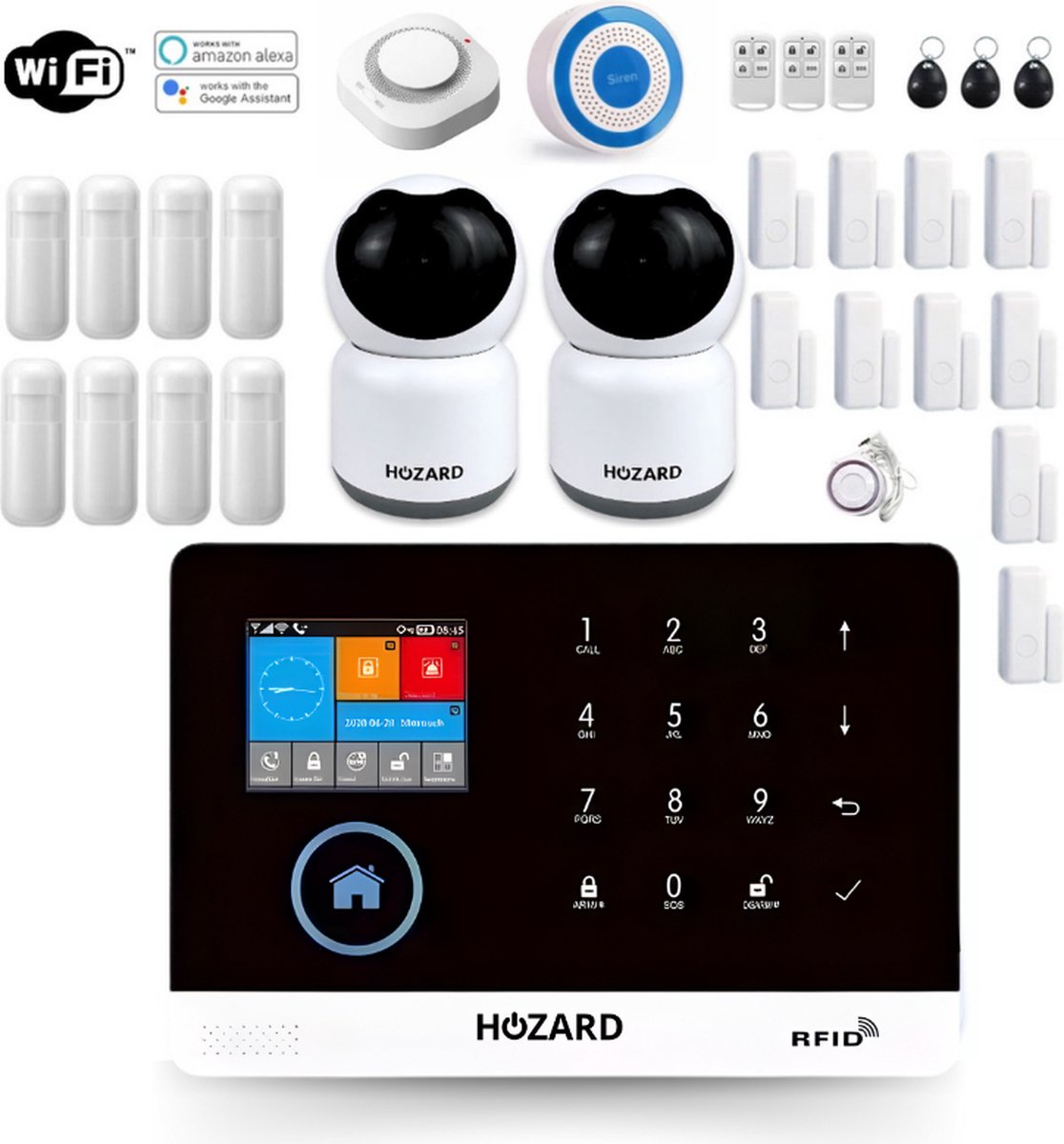 Hozard® Alarmsysteem | Met Sirene | Incl 2X HD Camera | Smart Home Beveiligingssysteem | Draadloze Sirene | Smoke Detector | Wifi Alarm | Deur/Raam Sensoren | Beweging SensorenIncl RFID Tags