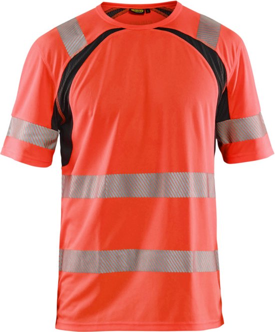 Oranje T-shirt met reflecterende banden op mouwen en romp. Zwarte mesh panelen aan de zijkant en schouders. Blaklader logo op de kraag.