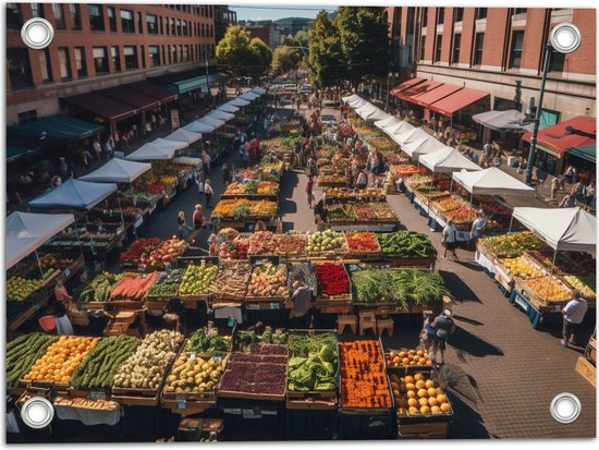 Tuinposter – Markt - Eten - Groente - Fruit - Mensen- Kraampjes - 40x30 cm Foto op Tuinposter (wanddecoratie voor buiten en binnen)