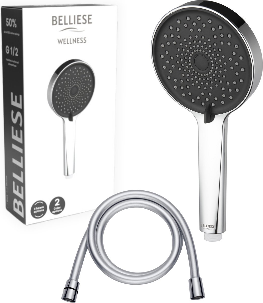 Belliese Wellness - Douchekop - Waterbesparend - Douchekop met slang - 3 standen - Chroom