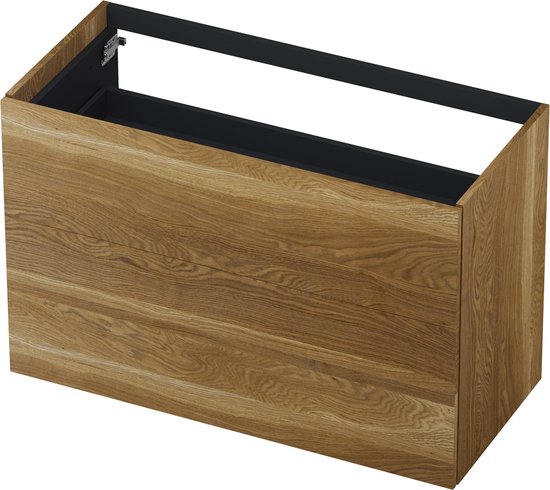 Wandgemonteerd wastafelonderkast in massief eikenhout met twee lades en zwart frame.