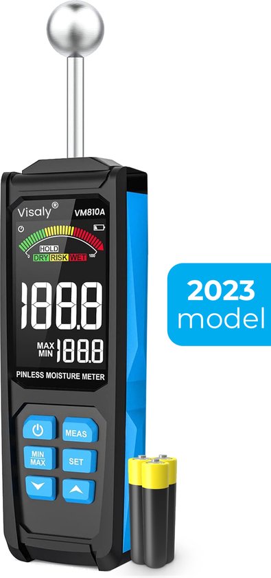 Visaly® Pinless Vochtmeter VM810A - Professionele vochtmeter - Vochtmeter muren - Vochtmeter hout - Accuraat - Inclusief opbergcase en batterijen