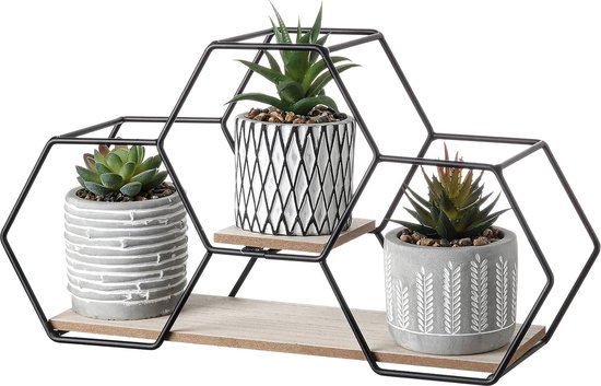Foto: Cozy cottage set van 3 moderne kunstplanten geometrische keramiek met metalen en houten bok perfect voor woondecoratie badkamer woonkamer plank en tafeldecoratie