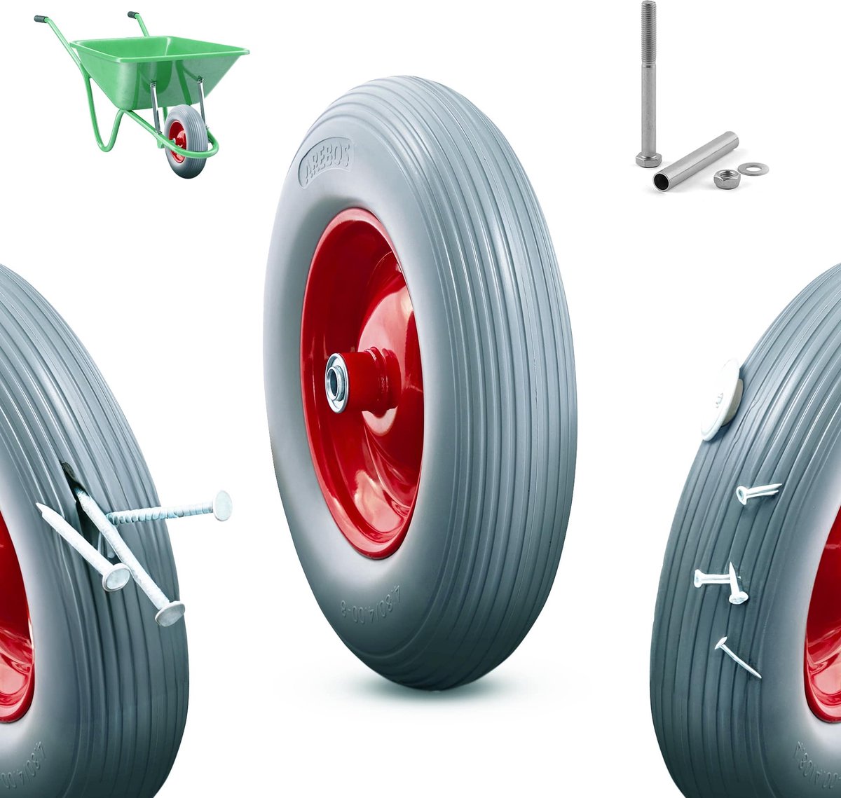 AREBOS Kruiwagenwiel - PU-materiaal - 390 mm - Kruiwagenwiel Massief - tot 200 kg