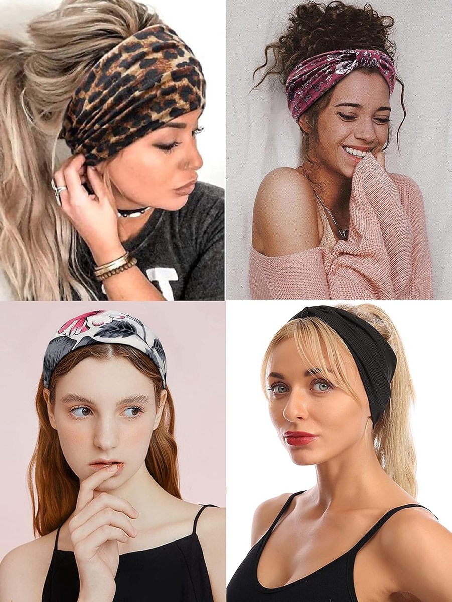 4 Bandanas Boho Pour Femmes - Élastiques Doux Pour Cheveux - Sport, Yoga, Plage - 55x55 Cm - Rouge, Blanc, Noir, Gris