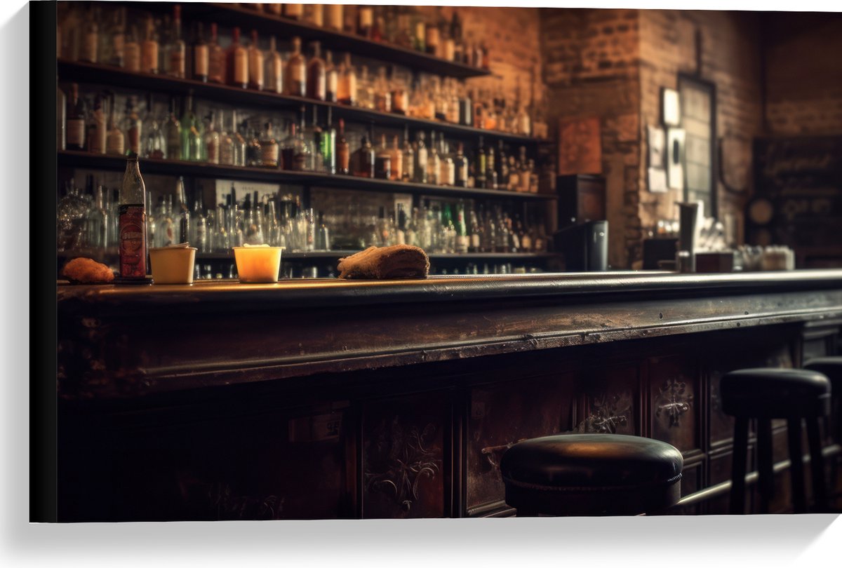 Canvas - Kroeg - Bar - Drank - Barkrukken - Flessen - 60x40 cm Foto op Canvas Schilderij (