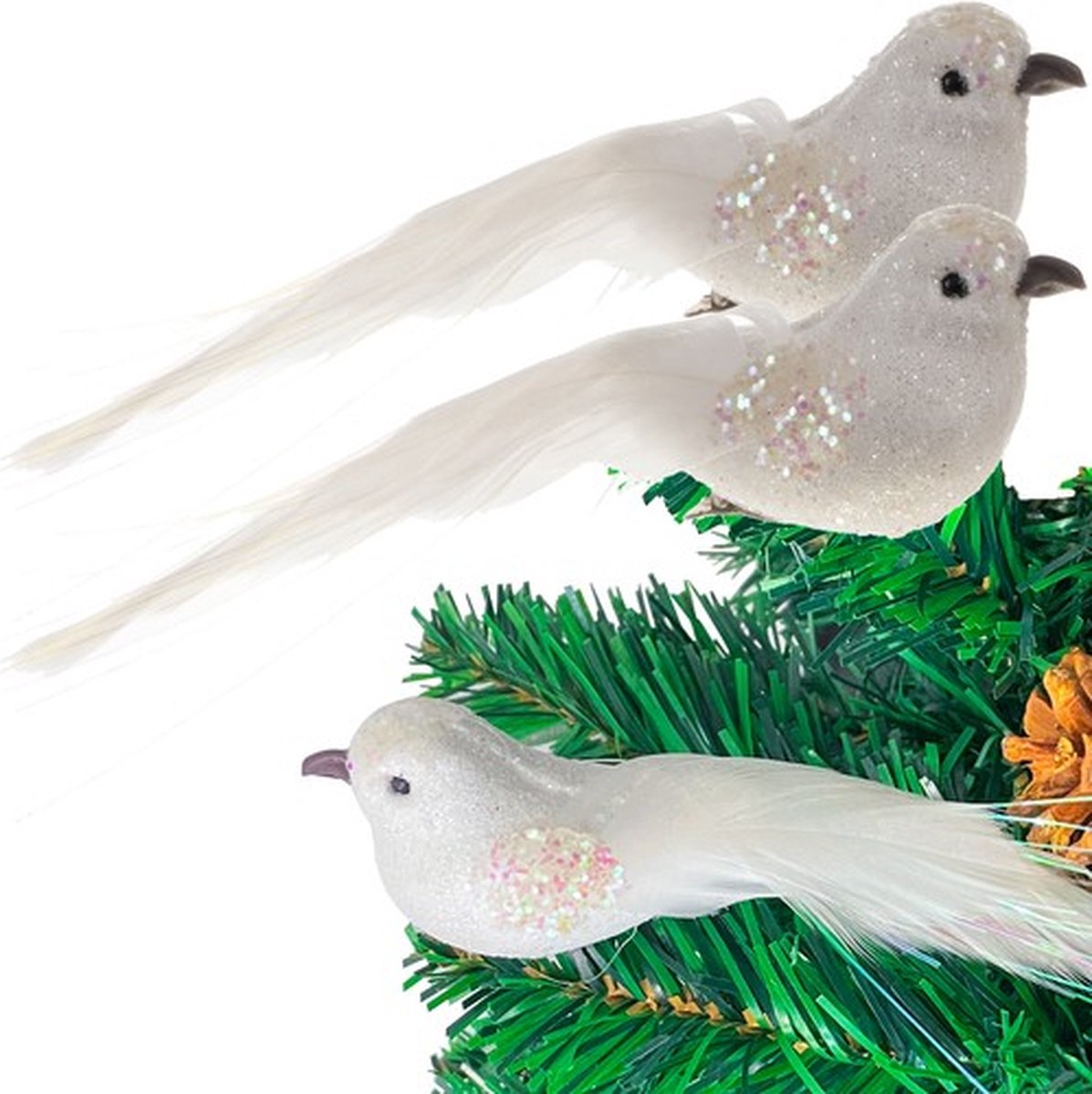 2x Kerstboomversiering Wit Vogeltje Met Clip- Kersthangers - Kerst Decoratie