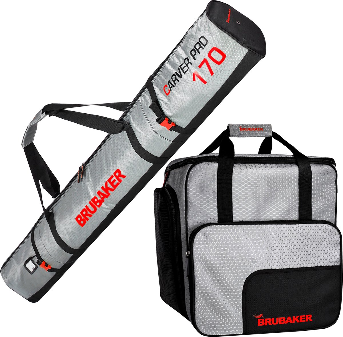 BRUBAKER Combi Set CarverTec Pro - Skitas en Skischoen Tas voor 1 paar ski's + stokken + schoenen + helm - zilver rood