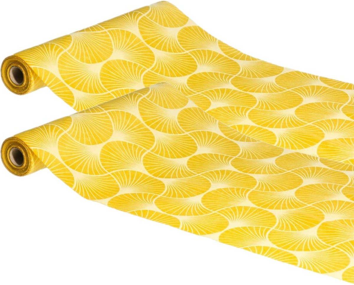 Chaks Tafelloper op rol - 2x - ginkgo print - geel - 28 x 300 cm - polyester