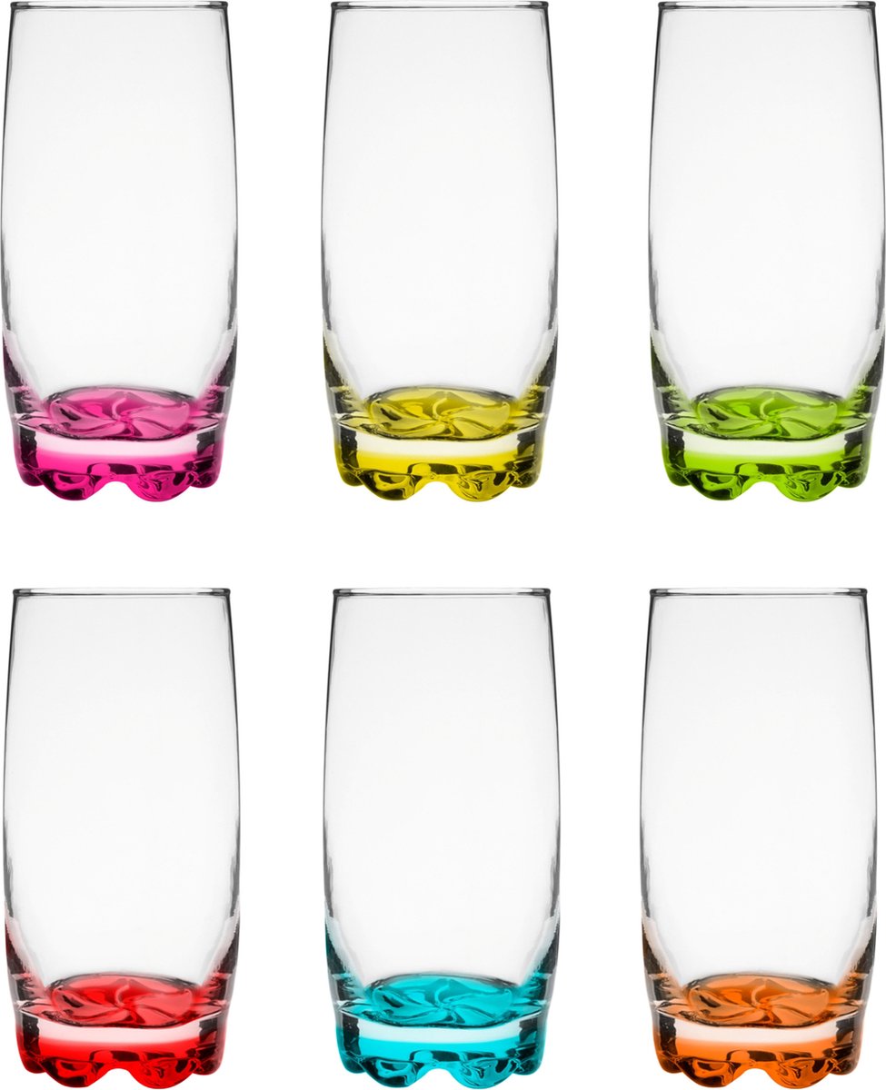 Glasmark Longdrinkglazen Tumblers - glas - gekleurde basis - 6x stuks - 350 ml - drinkglazen