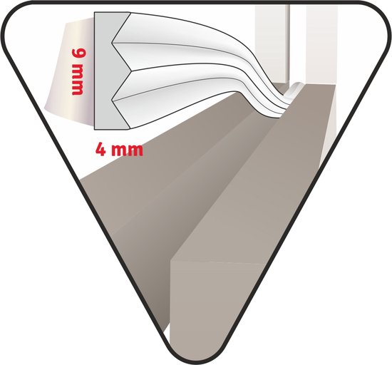 Gedetailleerde doorsnede van witte E-profiel tochtstrip, 9 mm breed, 4 mm dik.