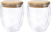 Thermische koffieglazen/theeglazen dubbelwandig - 2x - met bamboe deksel - 250 ml